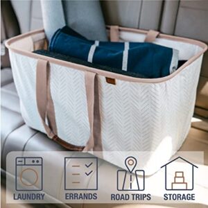 CleverMade Collapsible Fabric Laundry Basket - Premium Foldable Pop-Up Storage Bin - Space Saving Hamper Tote with Long Handles, 2 Pack, Cream Herringbone