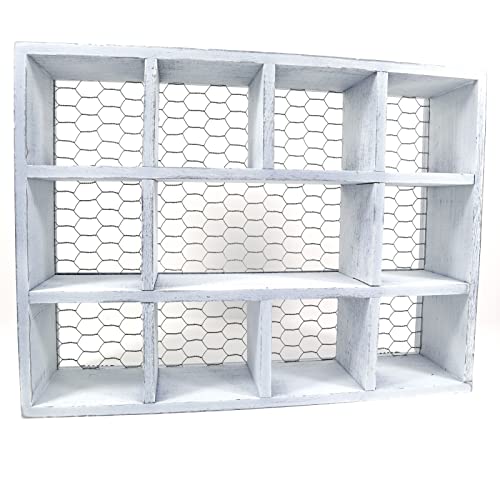 Crystal Holder Display Shelf - Rustic Wall Mounted Shelf for Farmhouse Décor with Chicken Wire for Spices, Rocks, Countertop Organizer, Shadow Box (Rustic White)