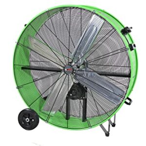 K Tool International 77746; 42 Inch Belt Drive Drum Fan with Easy Mobility Rubber Wheels, Ideal for Industrial, Garage or Barn, 2-Speed Control, Auto Overheat Cut-Off Protection, 14,800 Max CFM, Green