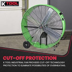 K Tool International 77746; 42 Inch Belt Drive Drum Fan with Easy Mobility Rubber Wheels, Ideal for Industrial, Garage or Barn, 2-Speed Control, Auto Overheat Cut-Off Protection, 14,800 Max CFM, Green