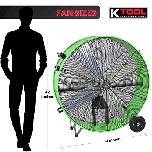 K Tool International 77746; 42 Inch Belt Drive Drum Fan with Easy Mobility Rubber Wheels, Ideal for Industrial, Garage or Barn, 2-Speed Control, Auto Overheat Cut-Off Protection, 14,800 Max CFM, Green