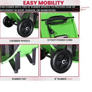 K Tool International 77746; 42 Inch Belt Drive Drum Fan with Easy Mobility Rubber Wheels, Ideal for Industrial, Garage or Barn, 2-Speed Control, Auto Overheat Cut-Off Protection, 14,800 Max CFM, Green