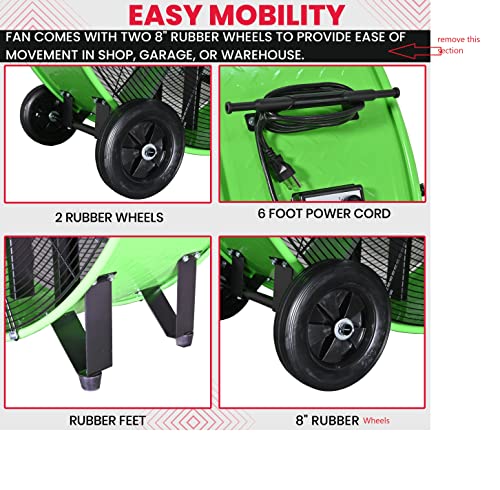 K Tool International 77746; 42 Inch Belt Drive Drum Fan with Easy Mobility Rubber Wheels, Ideal for Industrial, Garage or Barn, 2-Speed Control, Auto Overheat Cut-Off Protection, 14,800 Max CFM, Green