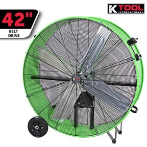 K Tool International 77746; 42 Inch Belt Drive Drum Fan with Easy Mobility Rubber Wheels, Ideal for Industrial, Garage or Barn, 2-Speed Control, Auto Overheat Cut-Off Protection, 14,800 Max CFM, Green