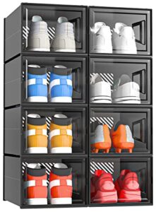 x-large shoe storage boxes, 8 pack black shoe box clear plastic stackable, foldable plastic shoe boxes with lids, sneaker storage for sneakerheads, shoe holder shoe organizer shoe rack shoe bin, fit for men/women us size 13 (black)