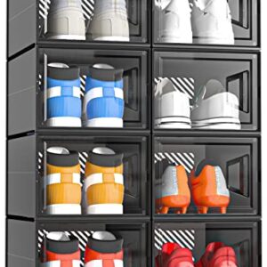 X-Large Shoe Storage Boxes, 8 Pack Black Shoe Box Clear Plastic Stackable, Foldable Plastic Shoe Boxes with Lids, Sneaker Storage for Sneakerheads, Shoe Holder Shoe Organizer Shoe Rack Shoe Bin, Fit for Men/Women US Size 13 (Black)