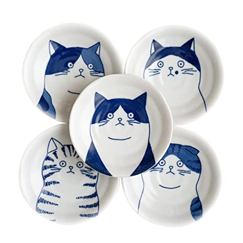 LOVE LOVE JAPAN Dessert Sushi Soy Sauce Salad Ceramic Plates Cats Design Set of 5 Made in Japan 5 Cats 4.7in