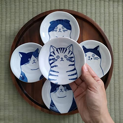 LOVE LOVE JAPAN Dessert Sushi Soy Sauce Salad Ceramic Plates Cats Design Set of 5 Made in Japan 5 Cats 4.7in