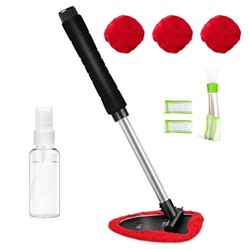 Windshield Cleaning Tool, Car Window Cleaner Windshield Cleaner with Extendable Long Handle and 3 Washable Reusable Microfiber Cloth, Mini Duster Cleaner and Brush