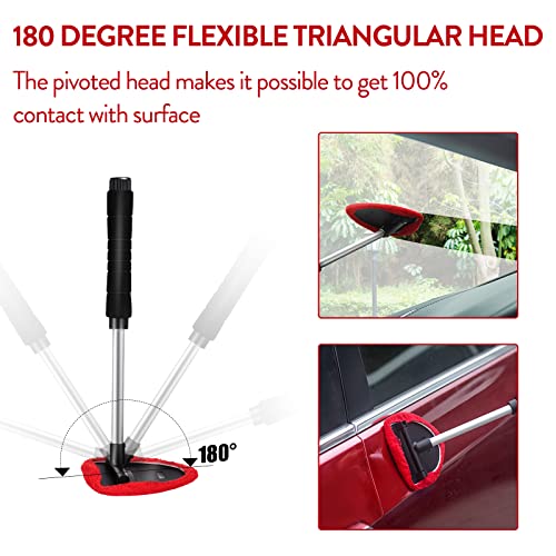 Windshield Cleaning Tool, Car Window Cleaner Windshield Cleaner with Extendable Long Handle and 3 Washable Reusable Microfiber Cloth, Mini Duster Cleaner and Brush