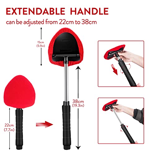 Windshield Cleaning Tool, Car Window Cleaner Windshield Cleaner with Extendable Long Handle and 3 Washable Reusable Microfiber Cloth, Mini Duster Cleaner and Brush