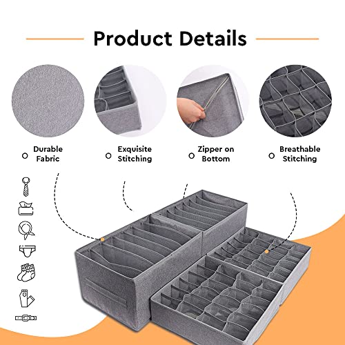 2 Wardrobe Clothes Organizer 7 Grids and 2 Sock Underwear Organizer Dividers 24 Cell with Zipper, Drawer organizers for clothing, Closet Organizers for jeans, underwear, socks and Ties, 4 packs in 1