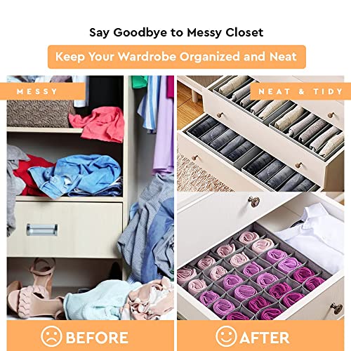 2 Wardrobe Clothes Organizer 7 Grids and 2 Sock Underwear Organizer Dividers 24 Cell with Zipper, Drawer organizers for clothing, Closet Organizers for jeans, underwear, socks and Ties, 4 packs in 1