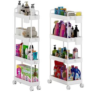 2 pack 4 tier slim storage cart, bathroom organizer laundry room organization rolling utility cart with wheels, mobile shelving unit slide out cart for pantry bathroom kitchen office narrow places