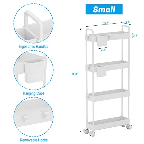 2 Pack 4 Tier Slim Storage Cart, Bathroom Organizer Laundry Room Organization Rolling Utility Cart with Wheels, Mobile Shelving Unit Slide Out Cart for Pantry Bathroom Kitchen Office Narrow Places