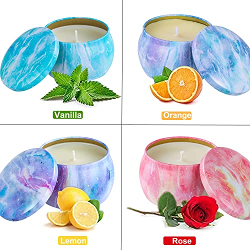 Scented Candles Gift Set for Women，4 Pack 4.4 Oz Rose Vanilla Orange Lemon 100% Natural Soy Wax Candles with 8% Strongly Fragrance Essential Oils for Stress Relief or Christmas Birthday Mother's Day