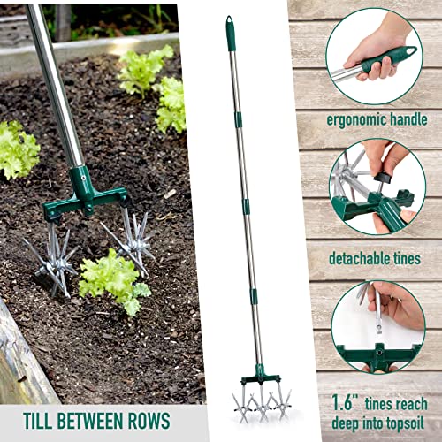 Altdorff Rotary Cultivator Set, 25"-63" Adjustable Gardening Rotary Tiller and Hand-Held Garden Cultivator swith Aluminum Detachable Tines, Reseeding Grass or Soil Mixing