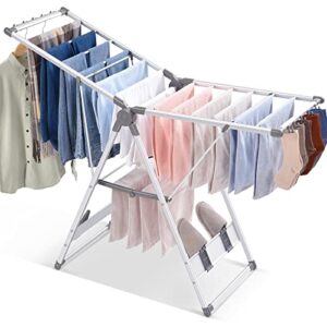toolf clothes drying rack, aluminum foldable 2-level drying racks for laundry, large foldable laundry stand with height-adjustable gullwings, sock clips hooks for bed linen, clothing, socks, scarves