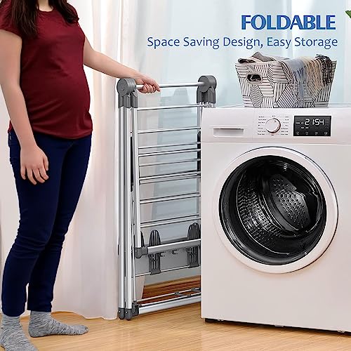 TOOLF Clothes Drying Rack, Aluminum Foldable 2-Level Drying Racks for Laundry, Large Foldable Laundry Stand with Height-Adjustable Gullwings, Sock Clips Hooks for Bed Linen, Clothing, Socks, Scarves
