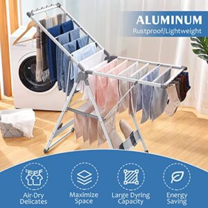 TOOLF Clothes Drying Rack, Aluminum Foldable 2-Level Drying Racks for Laundry, Large Foldable Laundry Stand with Height-Adjustable Gullwings, Sock Clips Hooks for Bed Linen, Clothing, Socks, Scarves