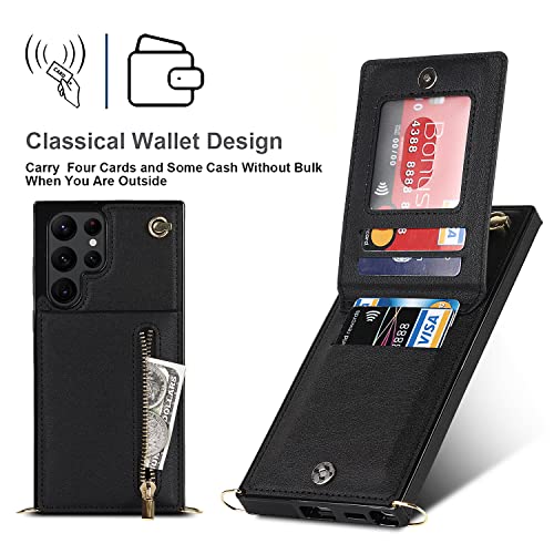 DEFBSC Wallet Case for Samsung Galaxy S22 Ultra,PU Lanyard Neck Strap Case with Kickstand Zipper Wallet Card Holder, Adjustable Detachable Necklace Phone Protective Back Cover-Black