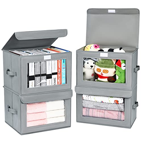DIMJ Storage Bins with Handles and Lids, 4 Packs Fabric Baskets for Organizing, Foldable Storage Cubes with Clear window, Decorative Storage Boxes for Home, Office, Large, Light Grey