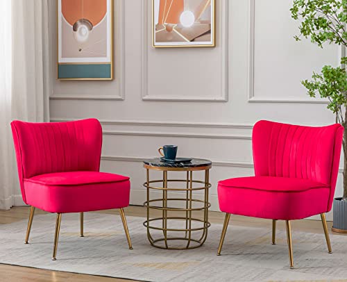 Shunzhi Velvet Accent Chairs Set of 2 Modern Upholstered Slipper Chairs with Golden Legs Comfy Armless Wingback Side Chairs Corner Chair for Bedroom/Dining Room/Living Room/Office,Rose Red