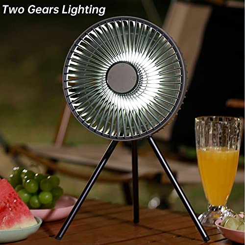 megpad Portable Camping Fan, 10000mAh rechargeable Battery Operated Personal Outdoor Desk Fan 4 Speed with Magnetic Remote Control, Flexible Tripod, Timer, Multifunction Tent Fan with Led Light