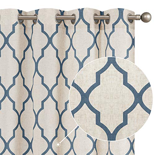 COLLACT Linen Curtains for Living Room Farmhouse Moroccan Tile Print Window Treatments Geometric Curtains Lattice Grommet Drapes for Dining Room Bedroom 84 Inch Length 2 Panels Set Blue on