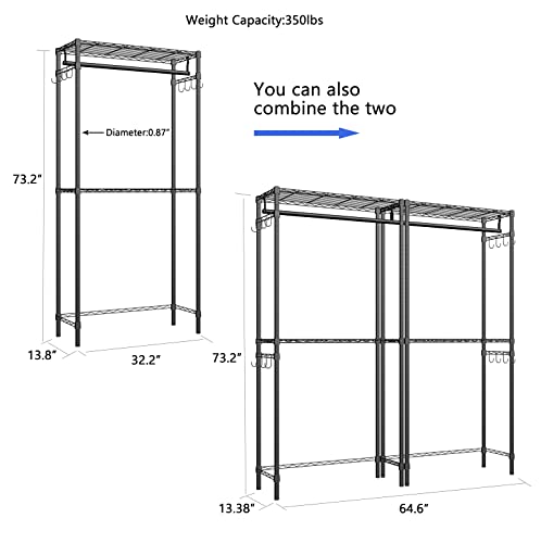 Xiofio Over The Washer and Dryer Storage Shelf 2 Tier Adjustable Height Shelving Units and Side Hook Laundry Shelves Used for Bathroom Bedroom Balcony Drying Rack Towel Rack Handbag Rack ，Black