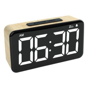 searon digital alarm clock with led display, brightness adjustment, battery backup, snooze, 12/24hr for heavy sleepers kid senior teen boy girl kitchen - 5.5 x 3 x 1.6 inches. (wood grain color)