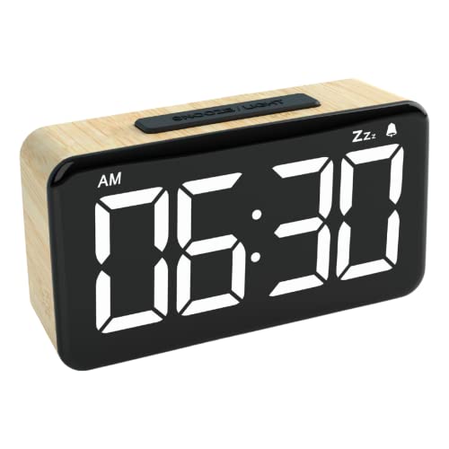 Searon Digital Alarm Clock with LED Display, Brightness Adjustment, Battery Backup, Snooze, 12/24Hr for Heavy Sleepers Kid Senior Teen Boy Girl Kitchen - 5.5 x 3 x 1.6 Inches. (Wood Grain Color)