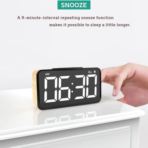 Searon Digital Alarm Clock with LED Display, Brightness Adjustment, Battery Backup, Snooze, 12/24Hr for Heavy Sleepers Kid Senior Teen Boy Girl Kitchen - 5.5 x 3 x 1.6 Inches. (Wood Grain Color)