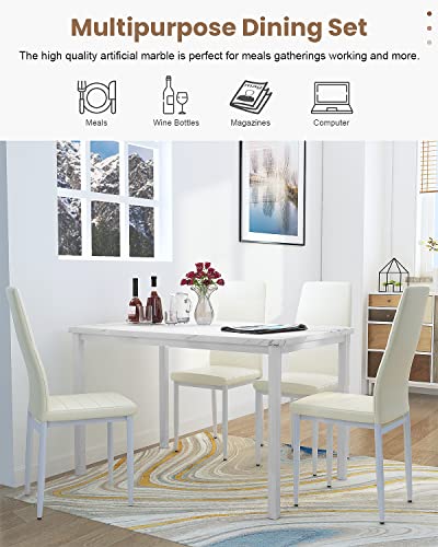 Recaceik Furniture 5 Piece Faux Dining Set, Modern Kitchen Table Marble Top and High Chairs for Breakfast Nook Small Spaces Beige