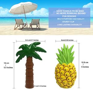 Kirmoo 4 Pack Beach Towel Clips for Beach Pool Lounge & Cruise Chairs Holders Palm Tree,Plastic Large Clothespins for Hanging Clothes Pins Set of 4 (Palm Tree and Pineapple)