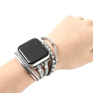 WONMILLE Posh Leather Bands Compatible With Apple Watch 45mm 44mm 42mm 49mm Women, Boho Bracelets Jewelry Multilayer Wrap Strap for iwatch Series SE 8 7 6 5 4 3 2 1 (Glitter Silver, 42mm/44mm/45mm)