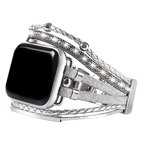 WONMILLE Posh Leather Bands Compatible With Apple Watch 45mm 44mm 42mm 49mm Women, Boho Bracelets Jewelry Multilayer Wrap Strap for iwatch Series SE 8 7 6 5 4 3 2 1 (Glitter Silver, 42mm/44mm/45mm)