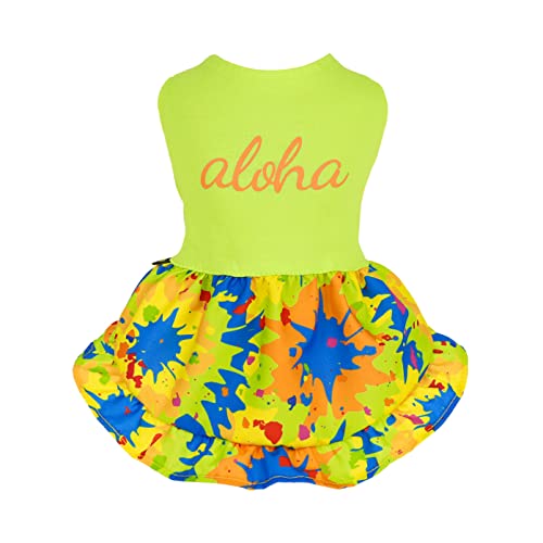 Fitwarm Dog Hawaiian Dress, Summer Dog Clothes for Small Dogs Girl, Pet Beach Luau Outfit, Cat Costume, Neon Yellow, XS