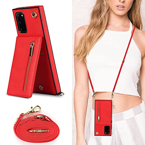 Jaorty Samsung Galaxy S 20 FE 5G Phone Case with Card Holder for Women,Samsung Galaxy S20 FE 5G Crossbody Case Wallet with Strap Lanyard with Kickstand,Credit Card Slots PU Leather Cases,6.5",Red