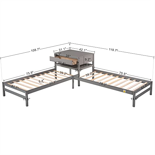 P PURLOVE L-Shaped Twin Platform Bed Corner Bed for Kids Teens 2 Wood Bed Frame with Built-in Rectangle Table with Drawer for Living Room Bedroom,Gray