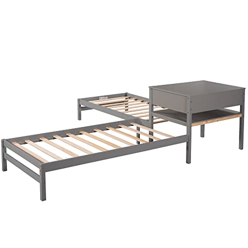 P PURLOVE L-Shaped Twin Platform Bed Corner Bed for Kids Teens 2 Wood Bed Frame with Built-in Rectangle Table with Drawer for Living Room Bedroom,Gray