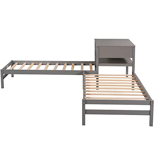 P PURLOVE L-Shaped Twin Platform Bed Corner Bed for Kids Teens 2 Wood Bed Frame with Built-in Rectangle Table with Drawer for Living Room Bedroom,Gray