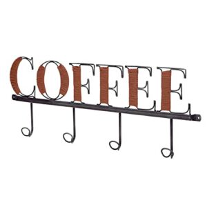 nikky home coffee mug wall rack, metal coffee cup holder wall mounted with 4 hooks and rustic leather mug holder coffee word sign and cutout design