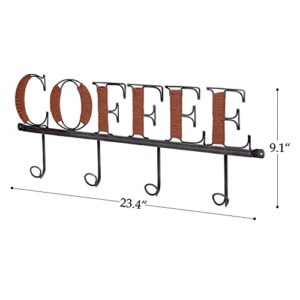 NIKKY HOME Coffee Mug Wall Rack, Metal Coffee Cup Holder Wall Mounted with 4 Hooks and Rustic Leather Mug Holder Coffee Word Sign and Cutout Design