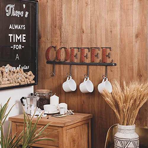 NIKKY HOME Coffee Mug Wall Rack, Metal Coffee Cup Holder Wall Mounted with 4 Hooks and Rustic Leather Mug Holder Coffee Word Sign and Cutout Design