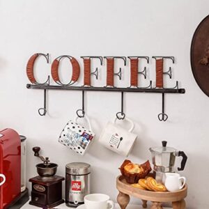 NIKKY HOME Coffee Mug Wall Rack, Metal Coffee Cup Holder Wall Mounted with 4 Hooks and Rustic Leather Mug Holder Coffee Word Sign and Cutout Design