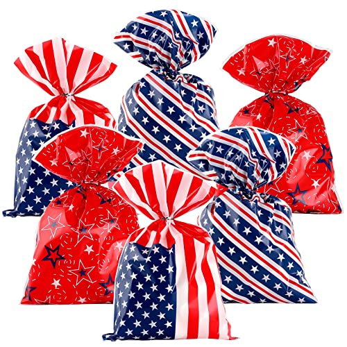 Whaline 150Pcs 4th of July Cello Bags 3 Design Patriotic Stars Stripes Cellophane Bags with Twist Tie American Flag Party Candy Goodie Treat Bag for Independence Day Memorial Day Party Favor Supplies