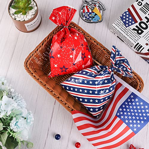 Whaline 150Pcs 4th of July Cello Bags 3 Design Patriotic Stars Stripes Cellophane Bags with Twist Tie American Flag Party Candy Goodie Treat Bag for Independence Day Memorial Day Party Favor Supplies