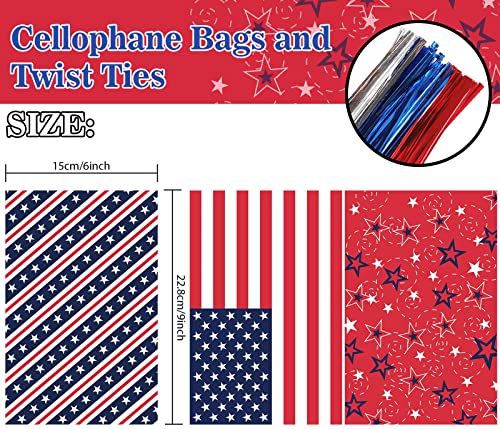 Whaline 150Pcs 4th of July Cello Bags 3 Design Patriotic Stars Stripes Cellophane Bags with Twist Tie American Flag Party Candy Goodie Treat Bag for Independence Day Memorial Day Party Favor Supplies