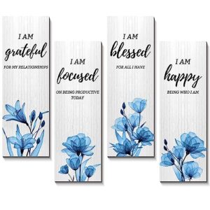 creoate 4 pieces flower pictures blue wall decor inspirational living room wall art wooden hanging plaque - thankful grateful blessed home decoration, gift for girls, women，4x12x0.3 inch x4pcs